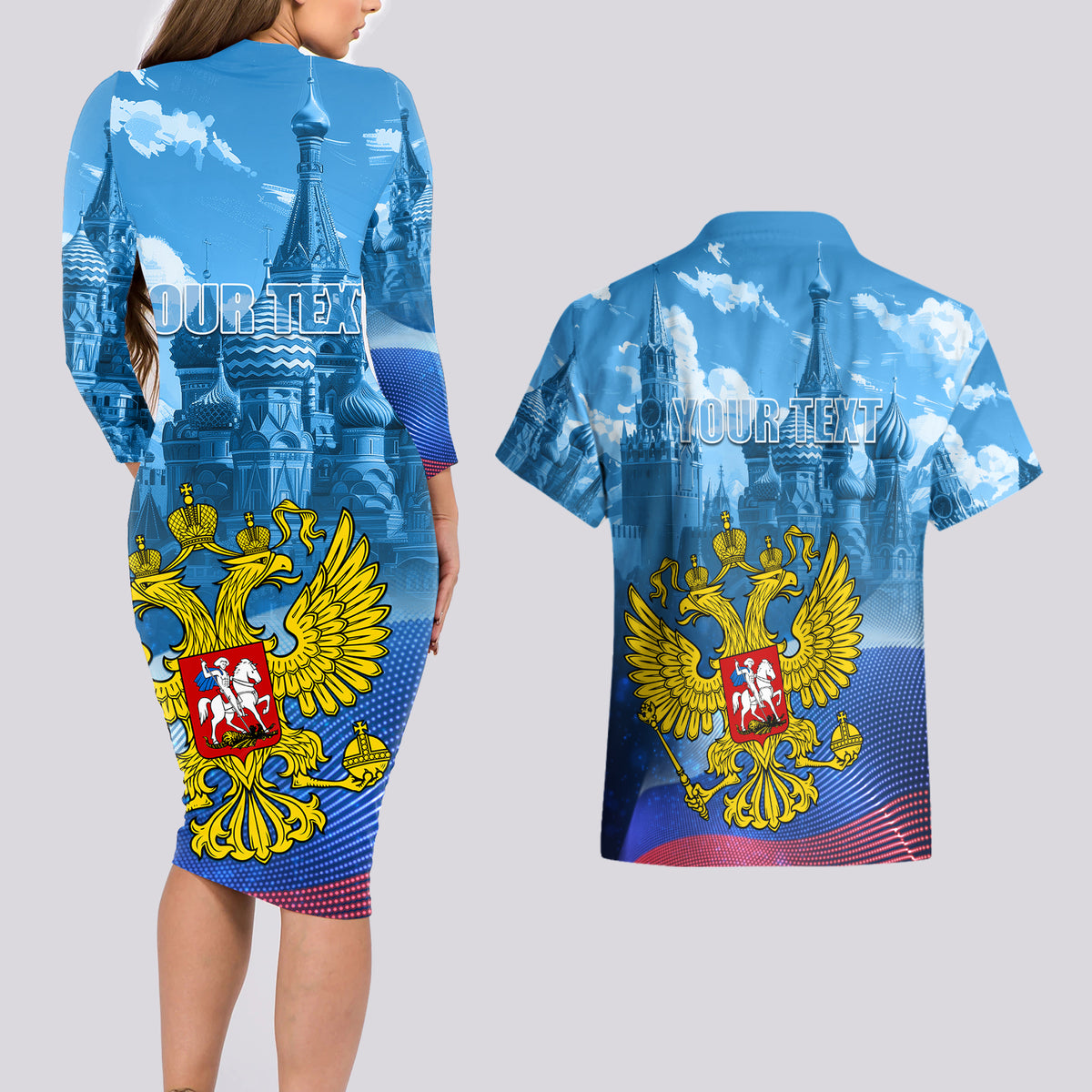 Russia Day 2024 Couples Matching Long Sleeve Bodycon Dress and Hawaiian Shirt Coat Of Arms With Red Square - Wonder Print Shop