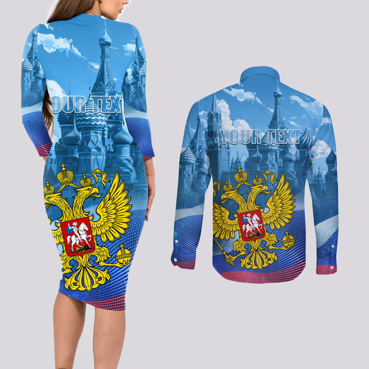 Russia Day 2024 Couples Matching Long Sleeve Bodycon Dress and Long Sleeve Button Shirt Coat Of Arms With Red Square - Wonder Print Shop