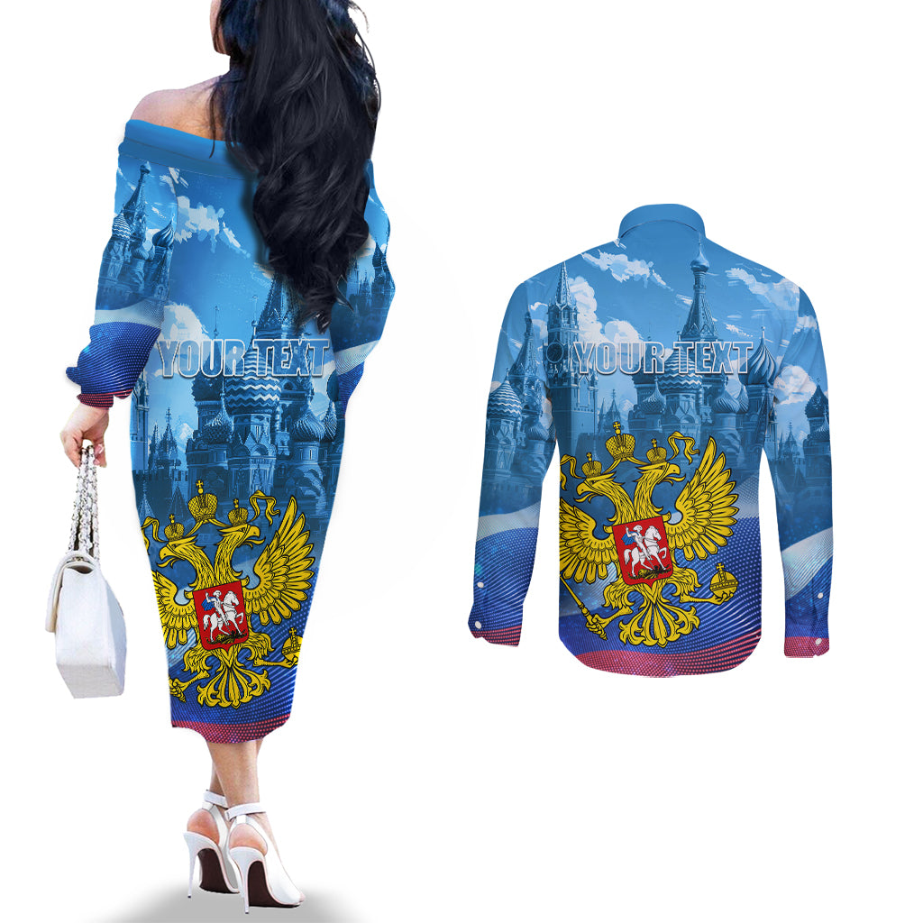 Russia Day 2024 Couples Matching Off The Shoulder Long Sleeve Dress and Long Sleeve Button Shirt Coat Of Arms With Red Square