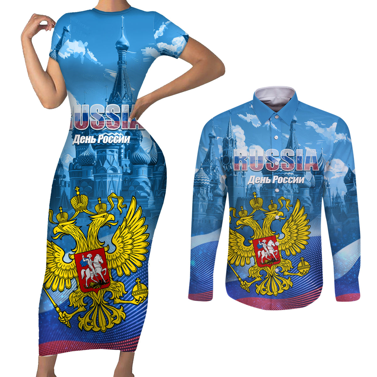 Russia Day 2024 Couples Matching Short Sleeve Bodycon Dress and Long Sleeve Button Shirt Coat Of Arms With Red Square - Wonder Print Shop