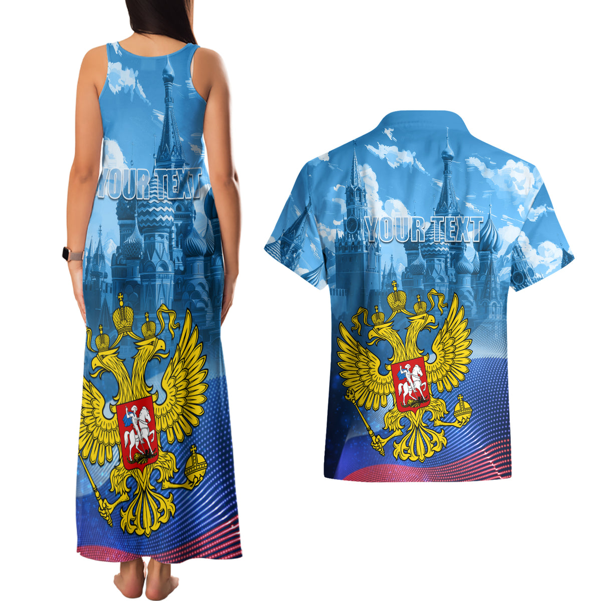 Russia Day 2024 Couples Matching Tank Maxi Dress and Hawaiian Shirt Coat Of Arms With Red Square - Wonder Print Shop