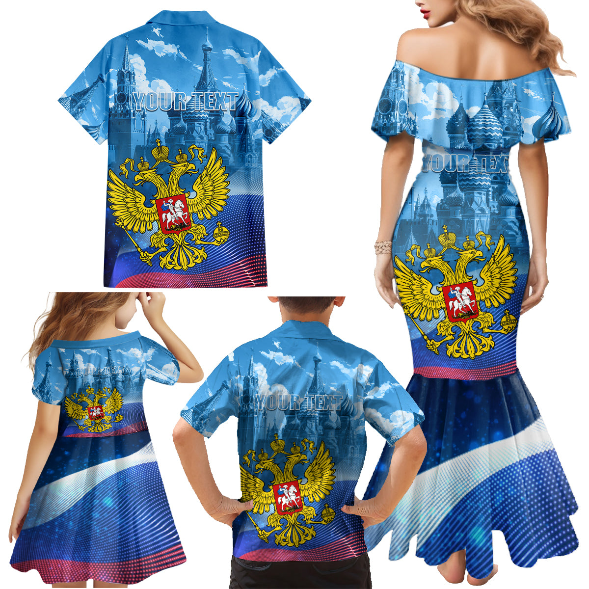 Russia Day 2024 Family Matching Mermaid Dress and Hawaiian Shirt Coat Of Arms With Red Square - Wonder Print Shop