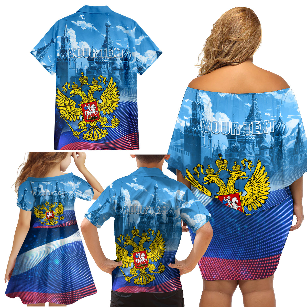 Russia Day 2024 Family Matching Off Shoulder Short Dress and Hawaiian Shirt Coat Of Arms With Red Square - Wonder Print Shop