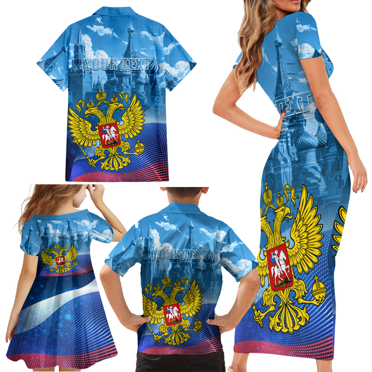 Russia Day 2024 Family Matching Short Sleeve Bodycon Dress and Hawaiian Shirt Coat Of Arms With Red Square - Wonder Print Shop