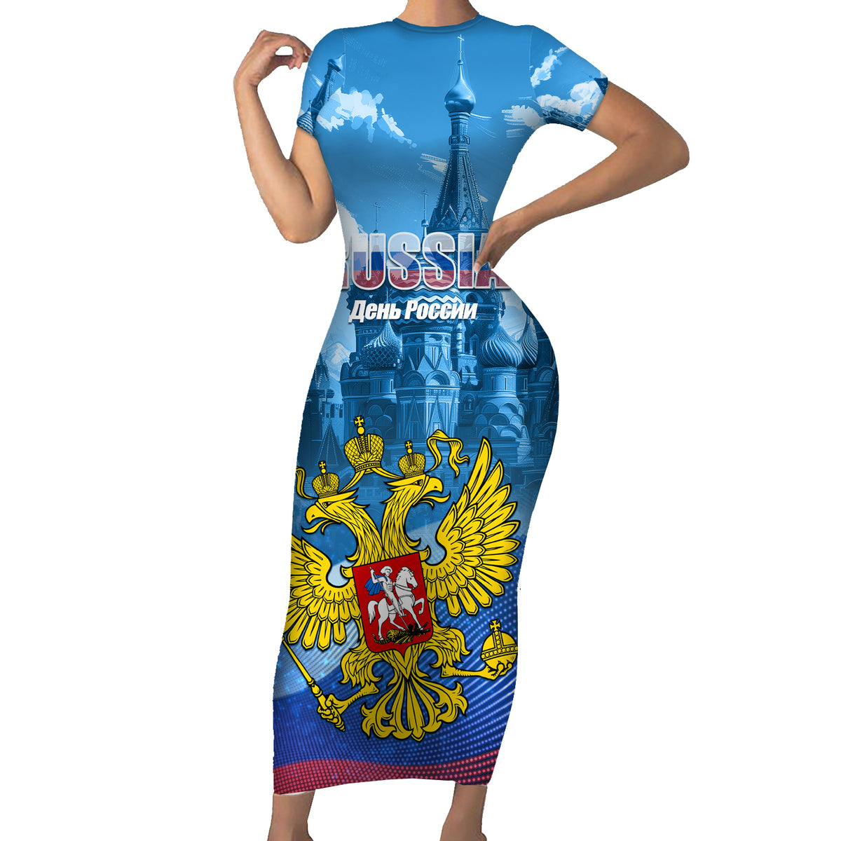 Russia Day 2024 Family Matching Short Sleeve Bodycon Dress and Hawaiian Shirt Coat Of Arms With Red Square - Wonder Print Shop