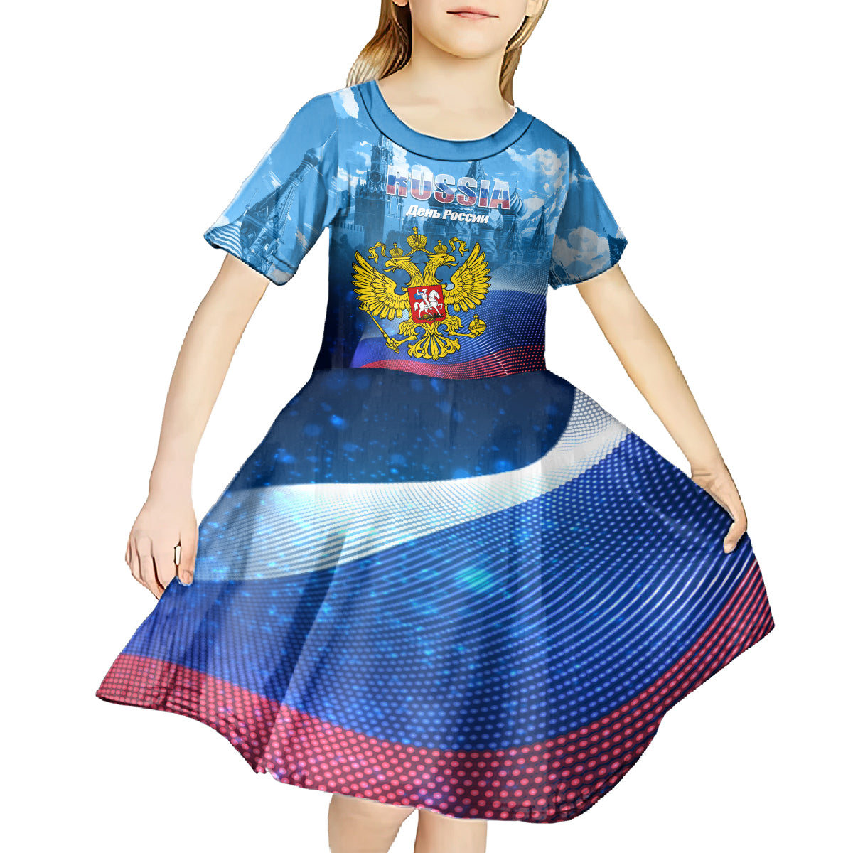 Russia Day 2024 Kid Short Sleeve Dress Coat Of Arms With Red Square - Wonder Print Shop