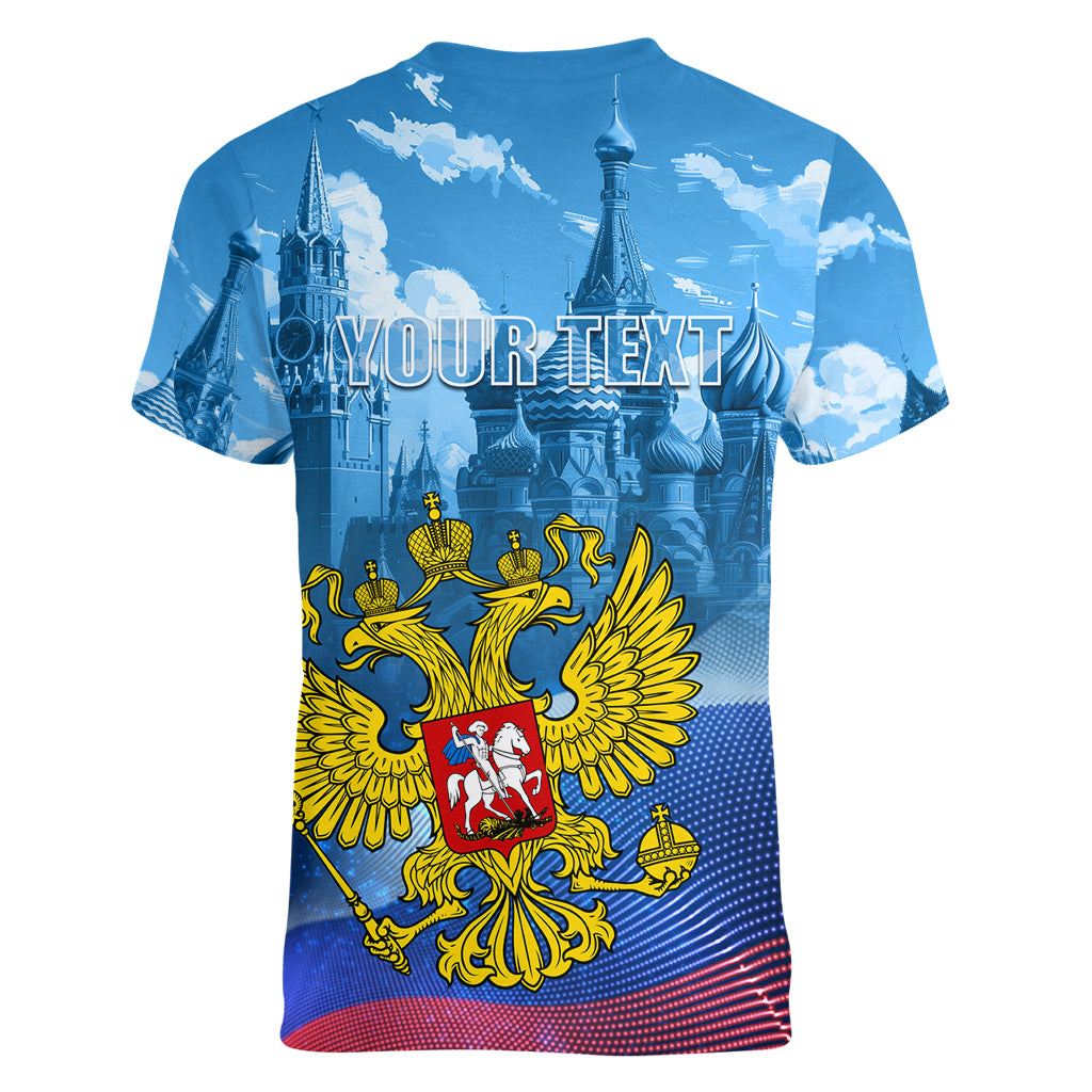 Russia Day 2024 Women V-Neck T-Shirt Coat Of Arms With Red Square - Wonder Print Shop