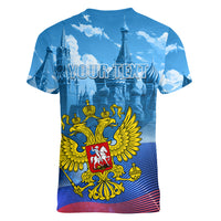 Russia Day 2024 Women V-Neck T-Shirt Coat Of Arms With Red Square - Wonder Print Shop