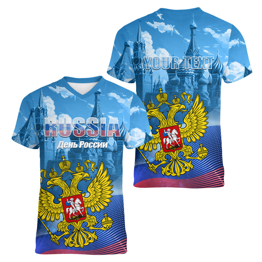 Russia Day 2024 Women V-Neck T-Shirt Coat Of Arms With Red Square - Wonder Print Shop