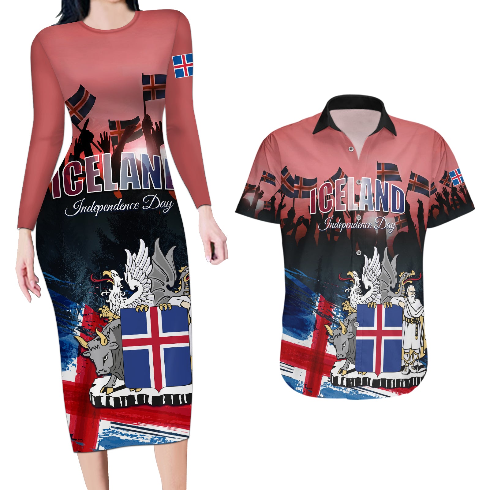 Iceland Independence Day 2024 Couples Matching Long Sleeve Bodycon Dress and Hawaiian Shirt Coat Of Arms Happy 80th Anniversary
