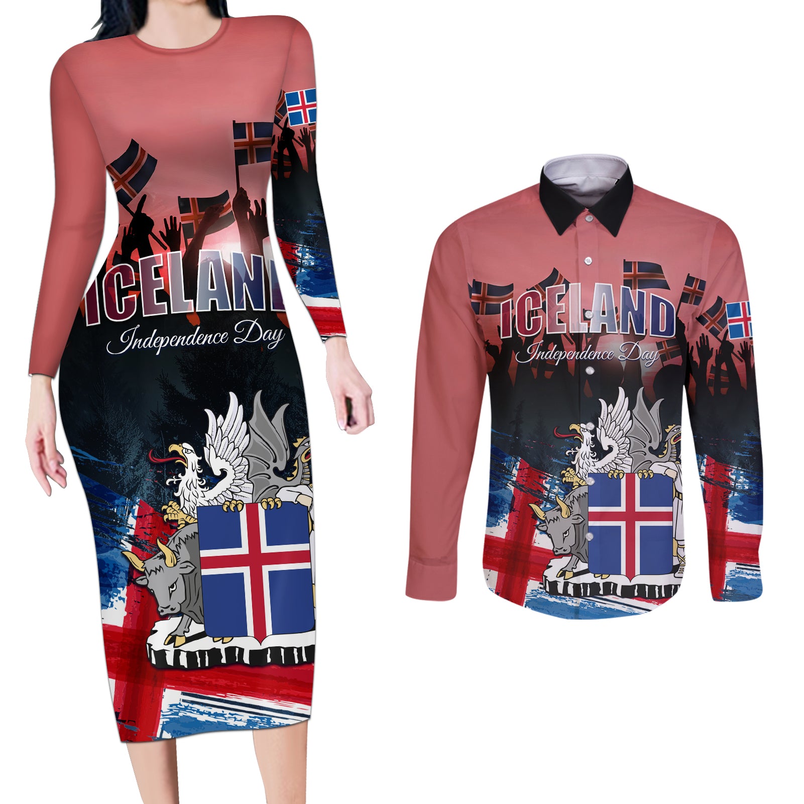 Iceland Independence Day 2024 Couples Matching Long Sleeve Bodycon Dress and Long Sleeve Button Shirt Coat Of Arms Happy 80th Anniversary