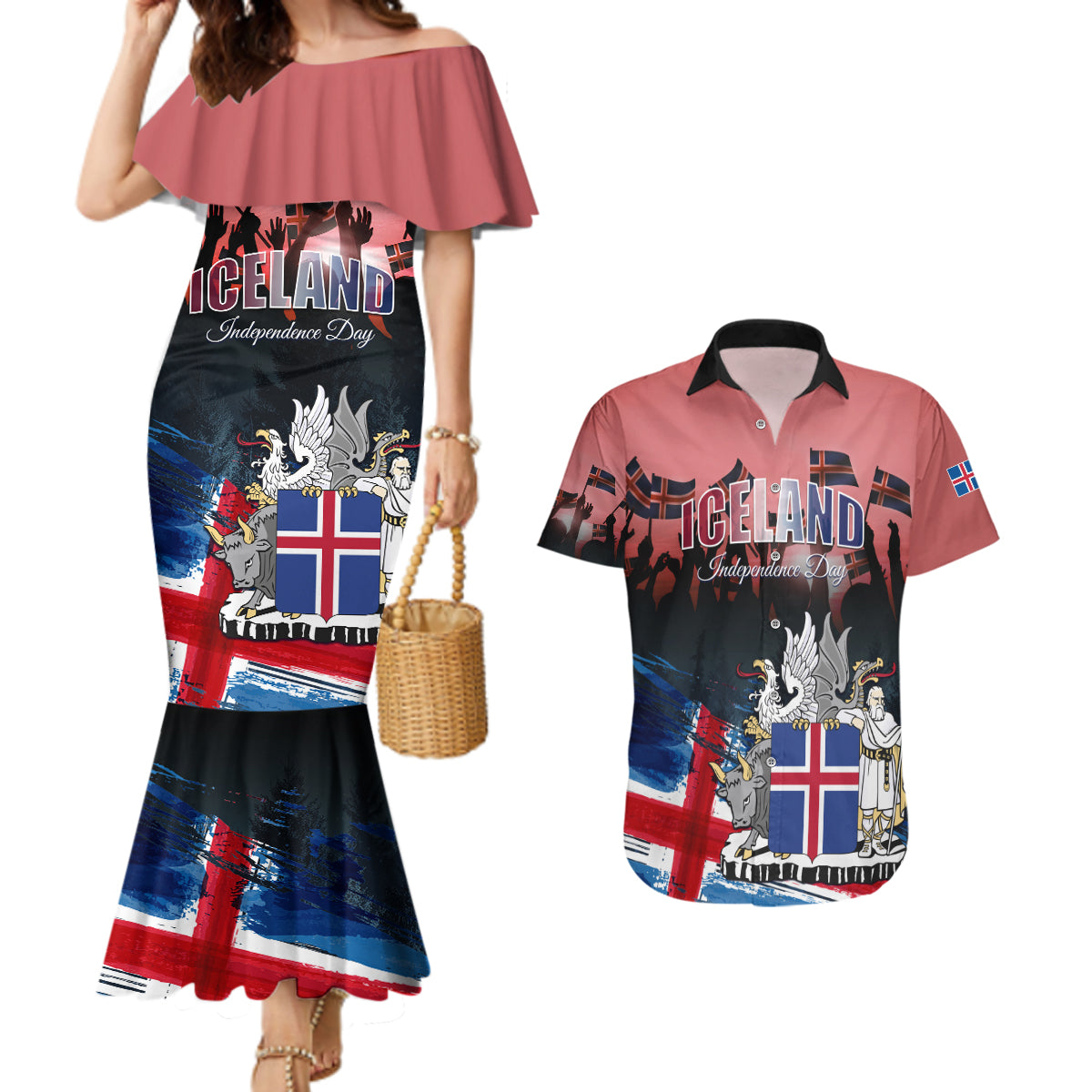 Iceland Independence Day 2024 Couples Matching Mermaid Dress and Hawaiian Shirt Coat Of Arms Happy 80th Anniversary