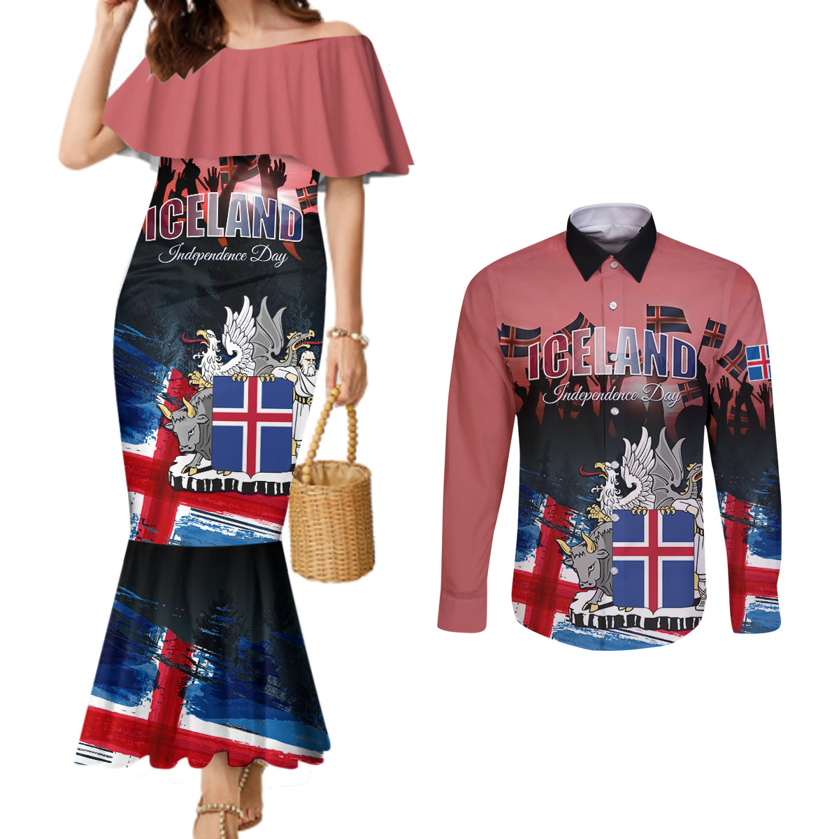 Iceland Independence Day 2024 Couples Matching Mermaid Dress and Long Sleeve Button Shirt Coat Of Arms Happy 80th Anniversary