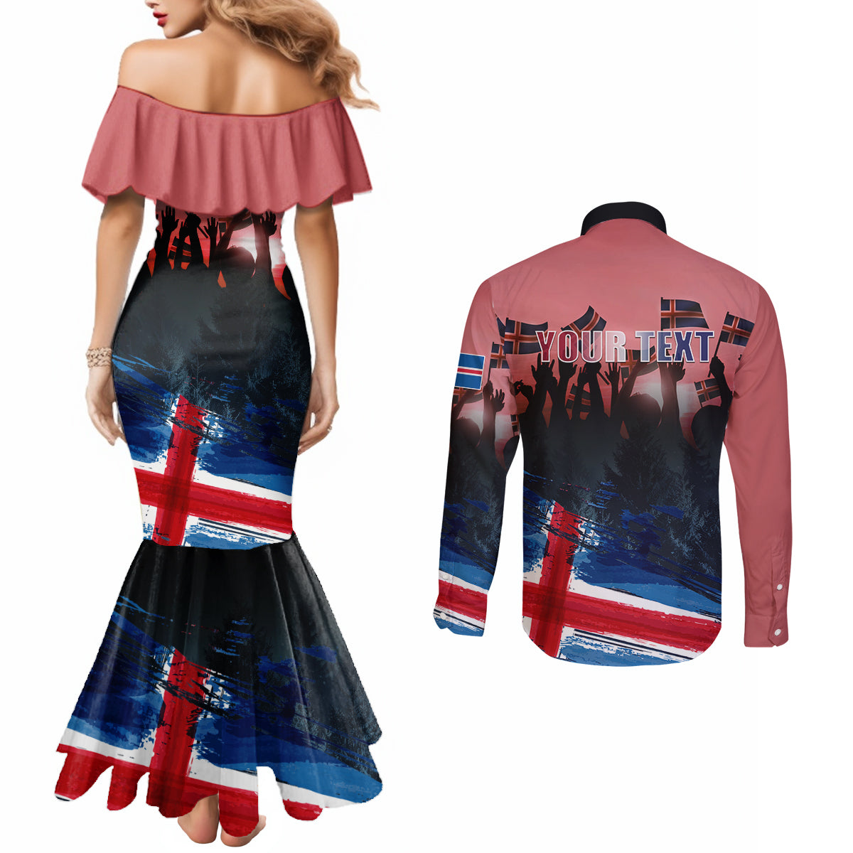 Iceland Independence Day 2024 Couples Matching Mermaid Dress and Long Sleeve Button Shirt Coat Of Arms Happy 80th Anniversary