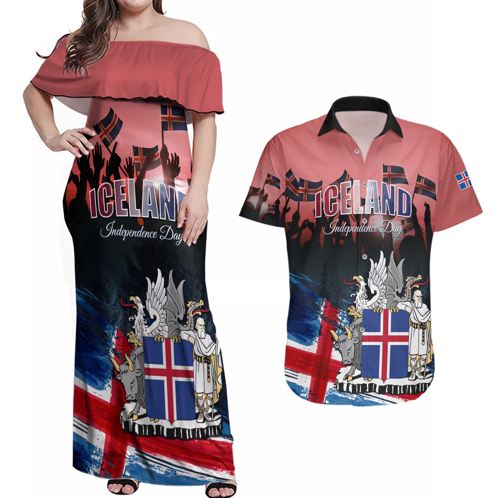 Iceland Independence Day 2024 Couples Matching Off Shoulder Maxi Dress and Hawaiian Shirt Coat Of Arms Happy 80th Anniversary
