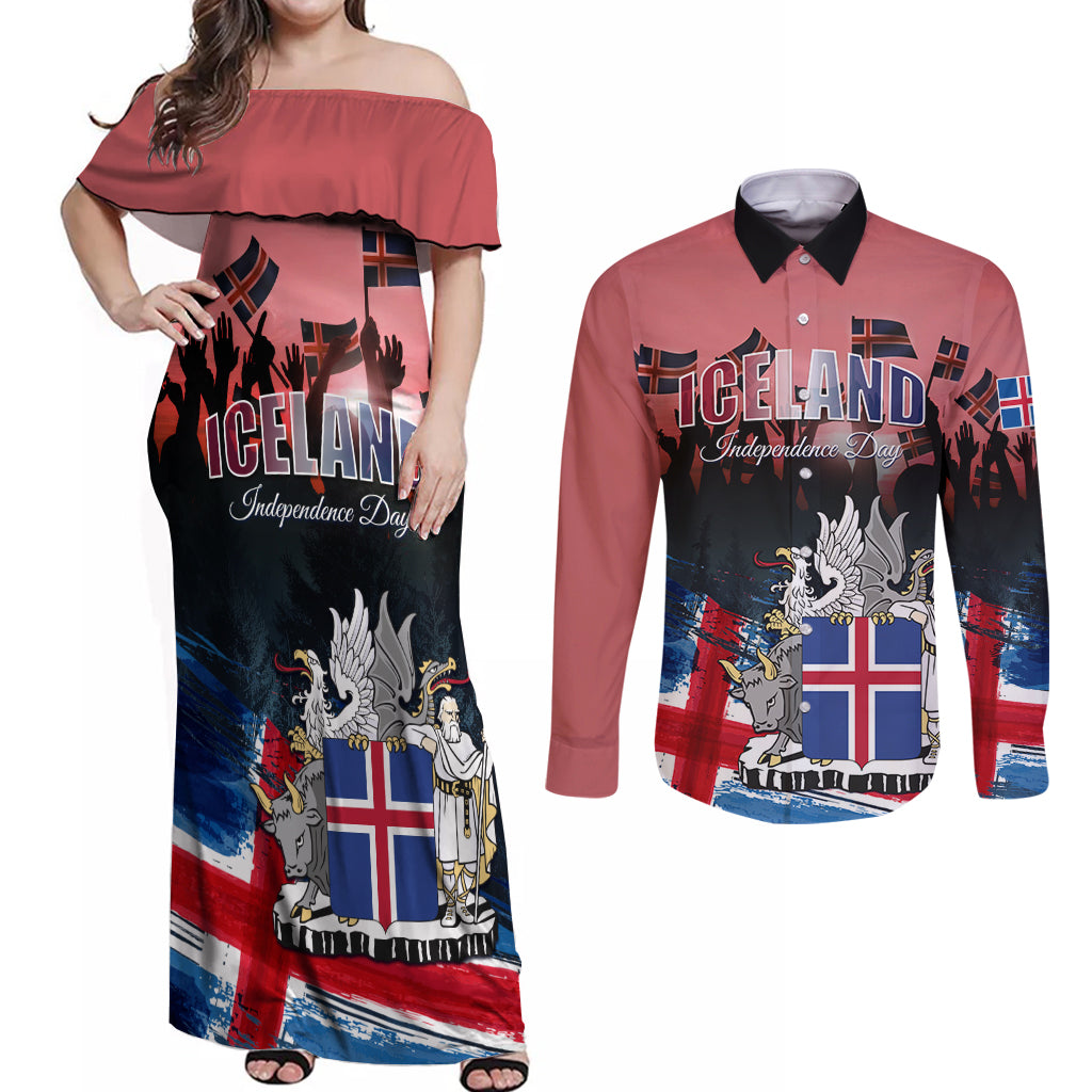 Iceland Independence Day 2024 Couples Matching Off Shoulder Maxi Dress and Long Sleeve Button Shirt Coat Of Arms Happy 80th Anniversary
