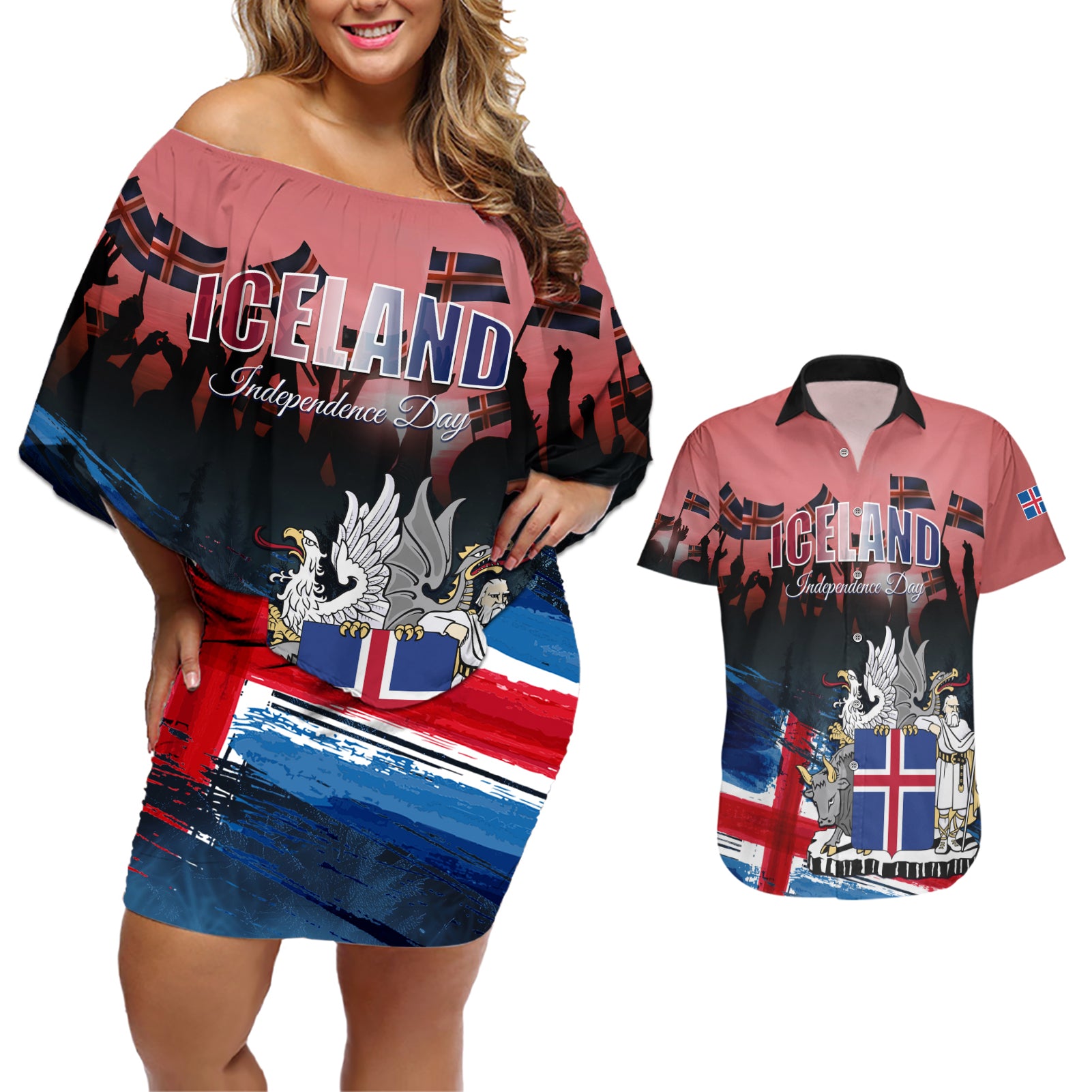 Iceland Independence Day 2024 Couples Matching Off Shoulder Short Dress and Hawaiian Shirt Coat Of Arms Happy 80th Anniversary