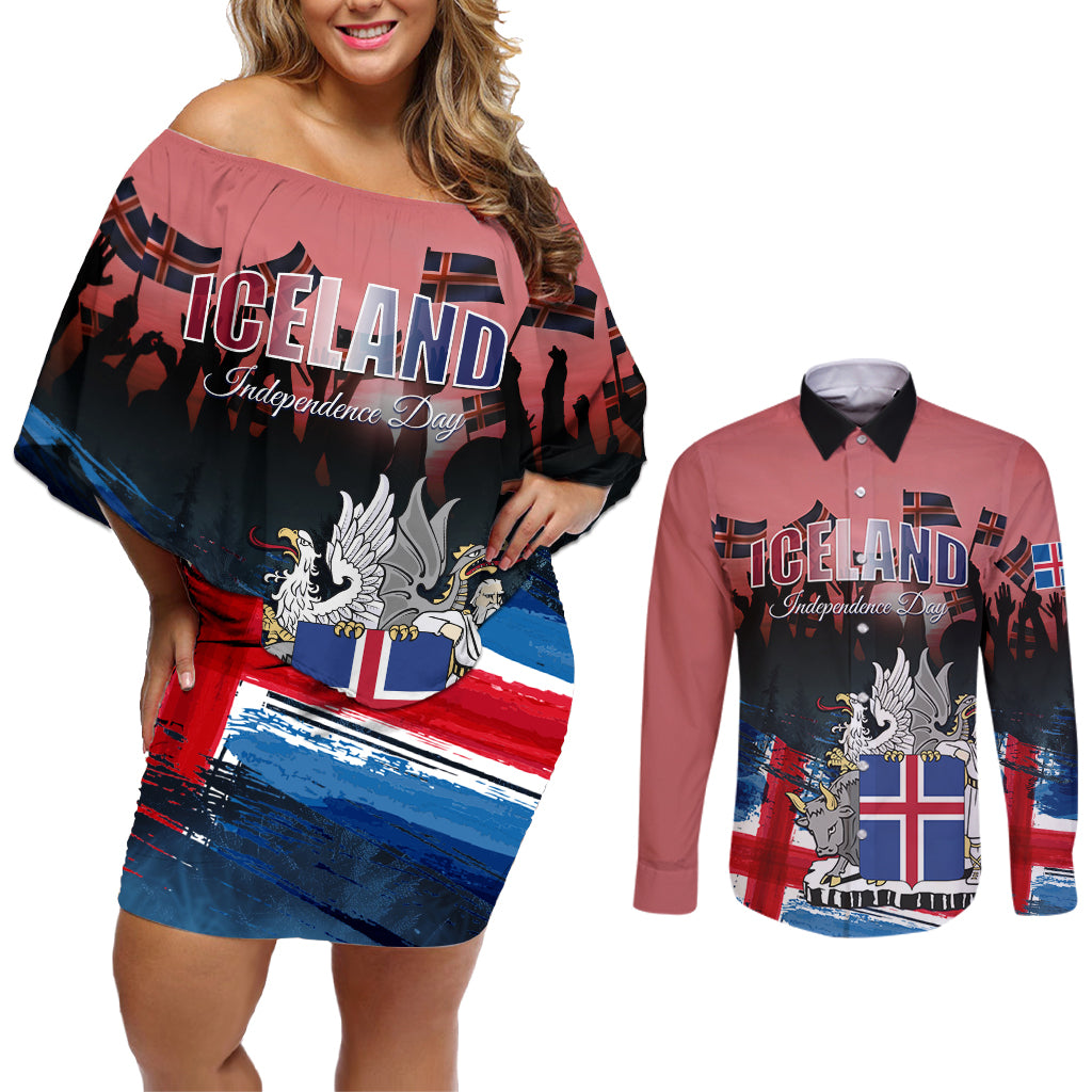 Iceland Independence Day 2024 Couples Matching Off Shoulder Short Dress and Long Sleeve Button Shirt Coat Of Arms Happy 80th Anniversary