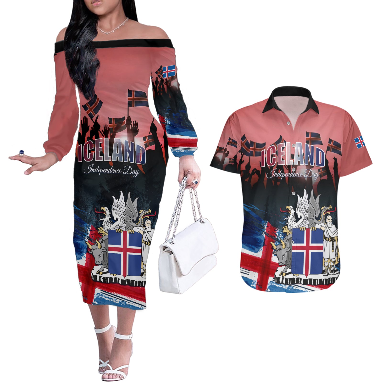 Iceland Independence Day 2024 Couples Matching Off The Shoulder Long Sleeve Dress and Hawaiian Shirt Coat Of Arms Happy 80th Anniversary