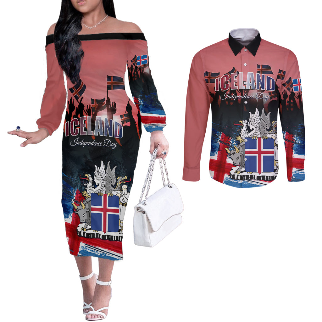 Iceland Independence Day 2024 Couples Matching Off The Shoulder Long Sleeve Dress and Long Sleeve Button Shirt Coat Of Arms Happy 80th Anniversary