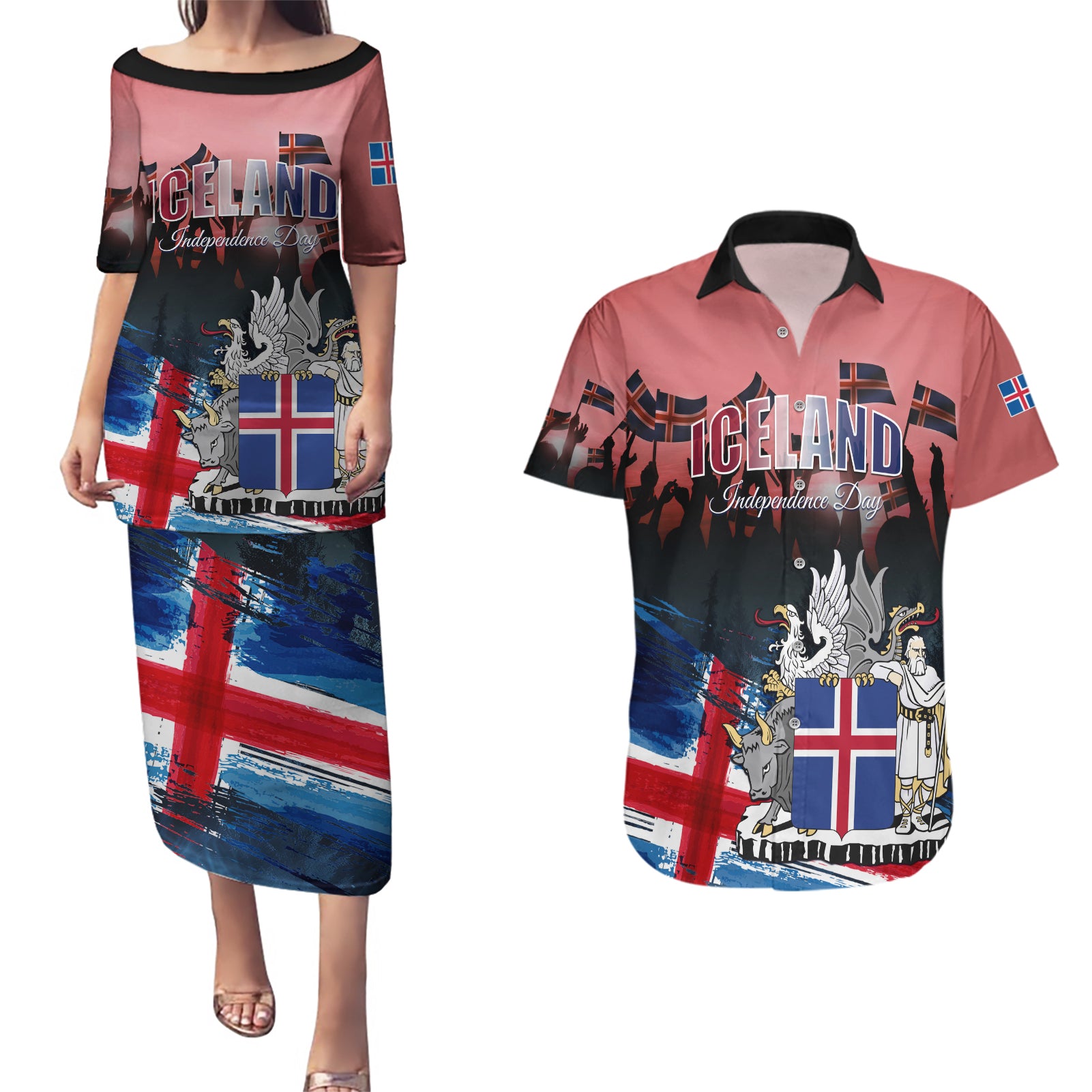 Iceland Independence Day 2024 Couples Matching Puletasi and Hawaiian Shirt Coat Of Arms Happy 80th Anniversary