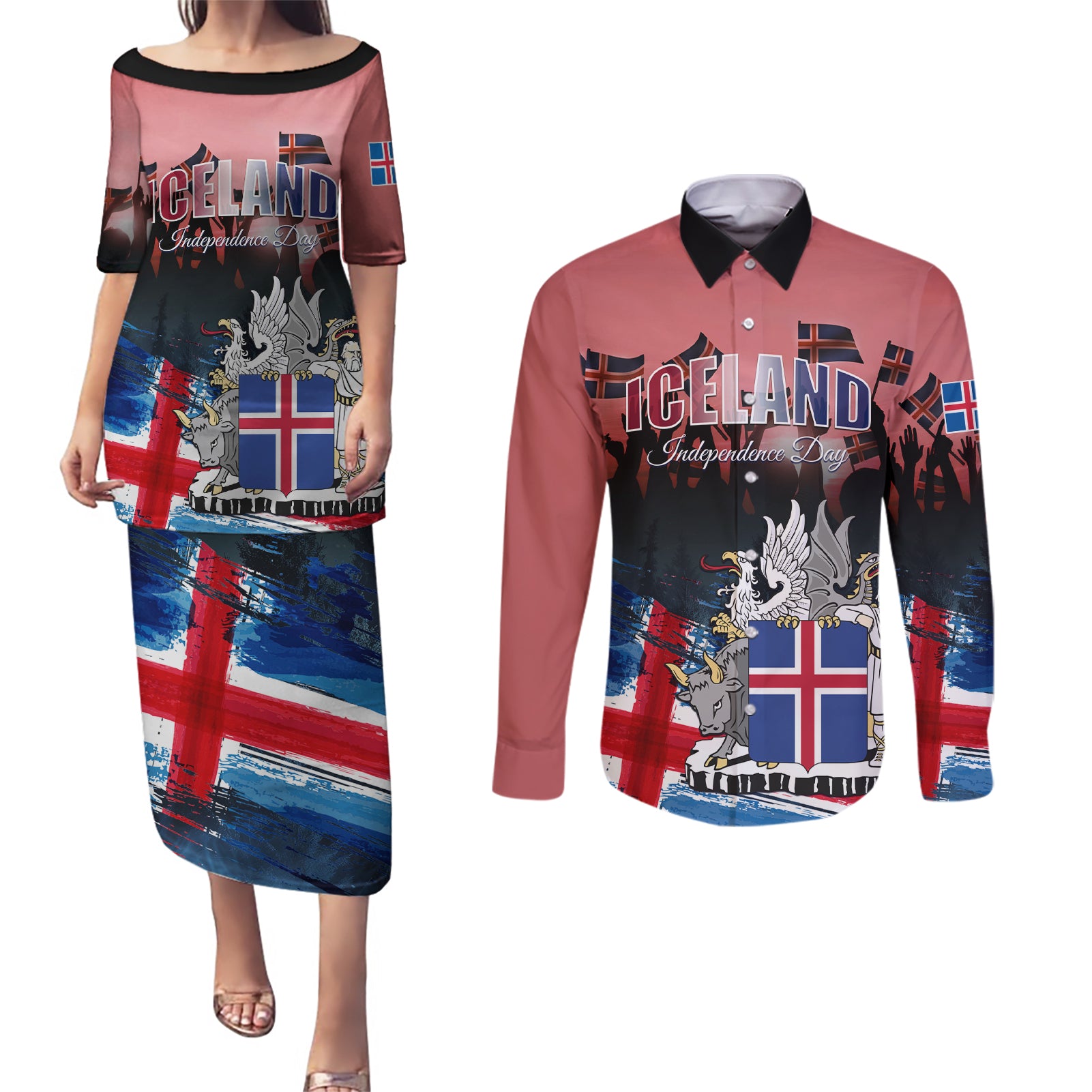 Iceland Independence Day 2024 Couples Matching Puletasi and Long Sleeve Button Shirt Coat Of Arms Happy 80th Anniversary