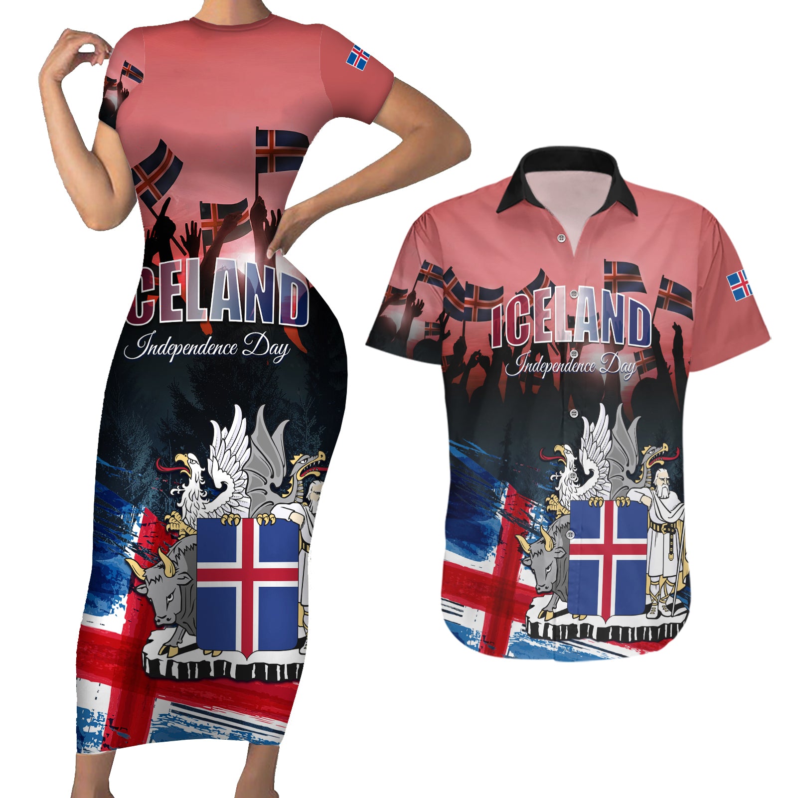 Iceland Independence Day 2024 Couples Matching Short Sleeve Bodycon Dress and Hawaiian Shirt Coat Of Arms Happy 80th Anniversary
