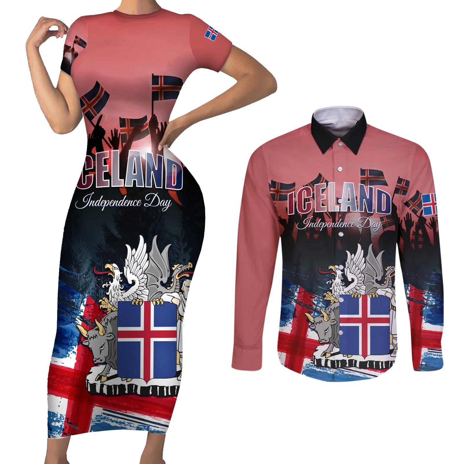Iceland Independence Day 2024 Couples Matching Short Sleeve Bodycon Dress and Long Sleeve Button Shirt Coat Of Arms Happy 80th Anniversary