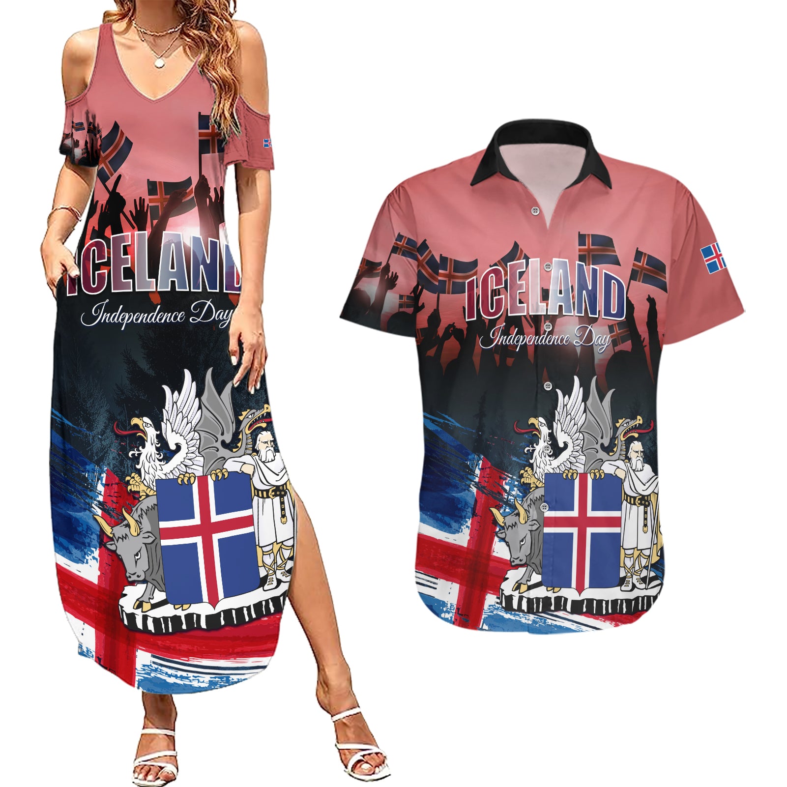 Iceland Independence Day 2024 Couples Matching Summer Maxi Dress and Hawaiian Shirt Coat Of Arms Happy 80th Anniversary