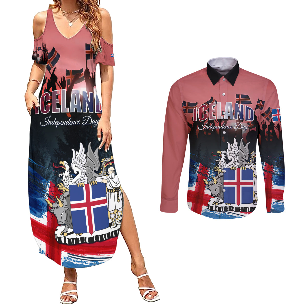 Iceland Independence Day 2024 Couples Matching Summer Maxi Dress and Long Sleeve Button Shirt Coat Of Arms Happy 80th Anniversary