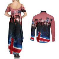Iceland Independence Day 2024 Couples Matching Summer Maxi Dress and Long Sleeve Button Shirt Coat Of Arms Happy 80th Anniversary - Wonder Print Shop