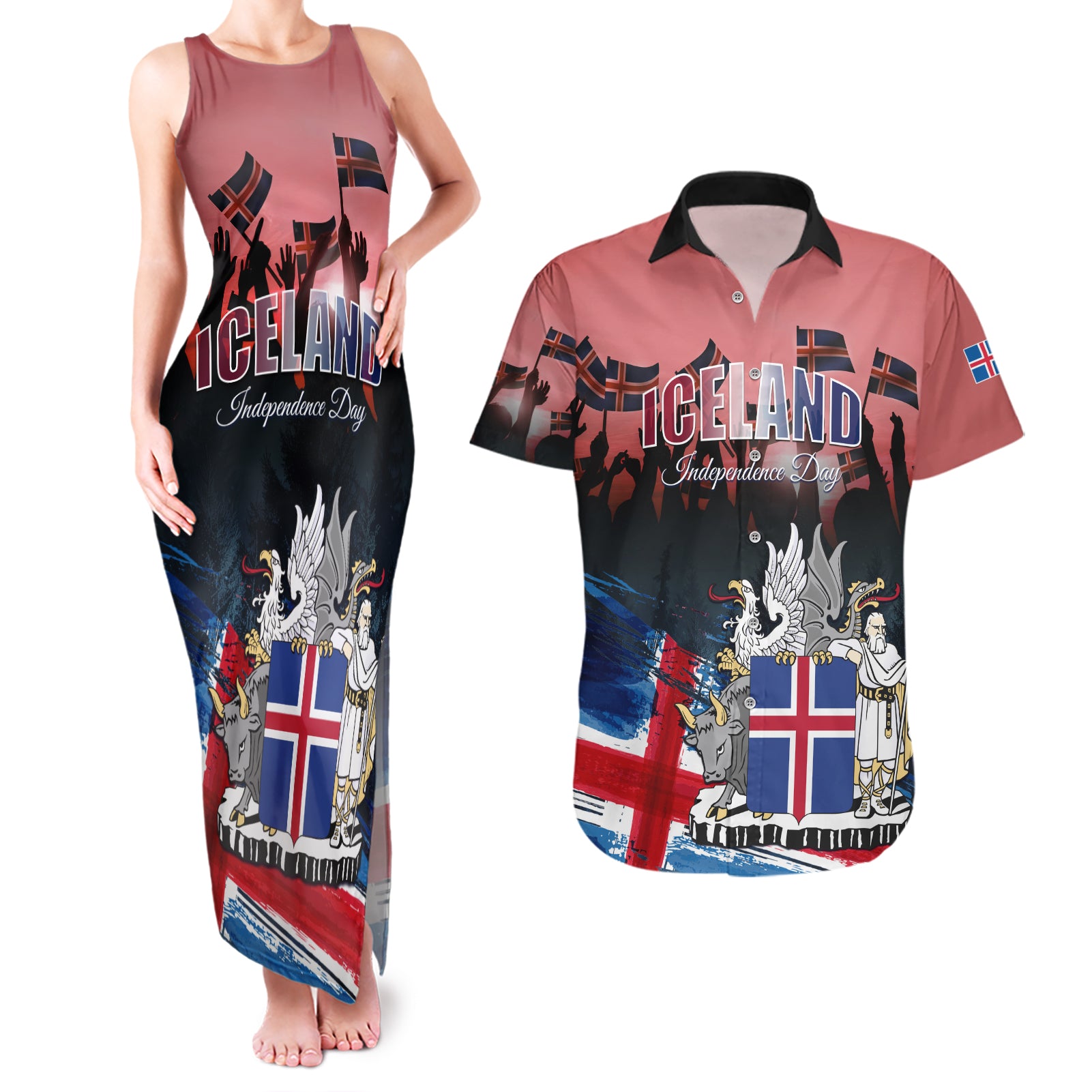 Iceland Independence Day 2024 Couples Matching Tank Maxi Dress and Hawaiian Shirt Coat Of Arms Happy 80th Anniversary
