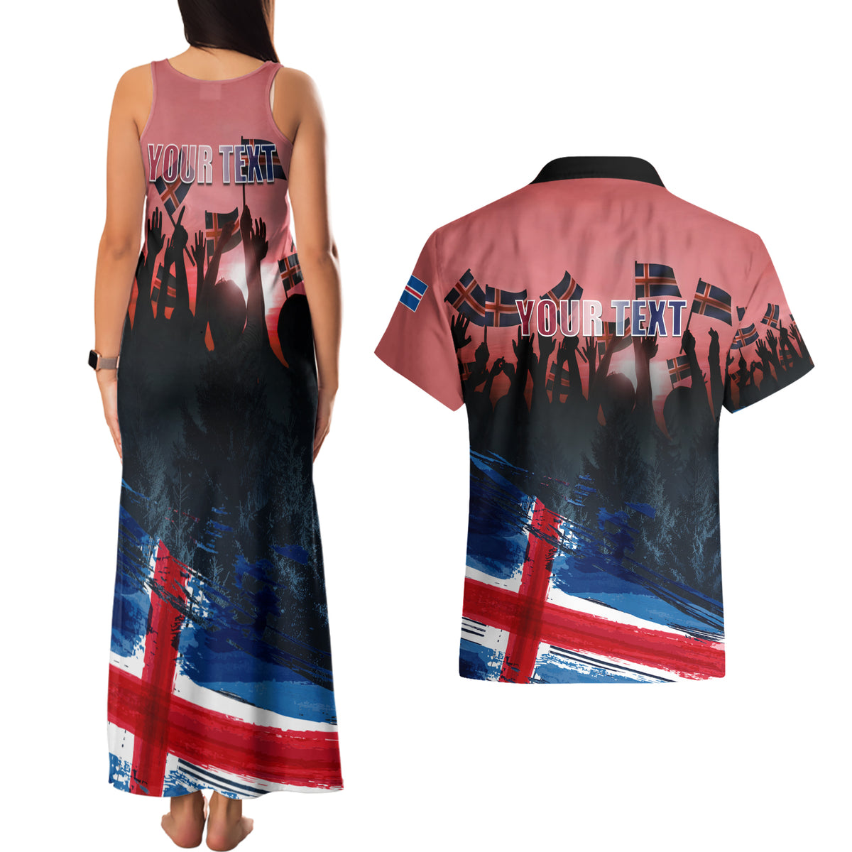 Iceland Independence Day 2024 Couples Matching Tank Maxi Dress and Hawaiian Shirt Coat Of Arms Happy 80th Anniversary - Wonder Print Shop