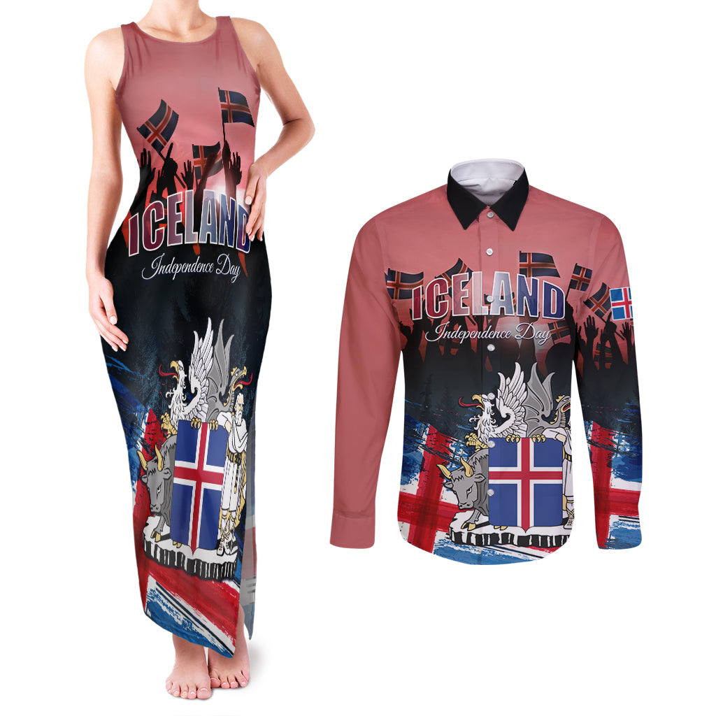 Iceland Independence Day 2024 Couples Matching Tank Maxi Dress and Long Sleeve Button Shirt Coat Of Arms Happy 80th Anniversary