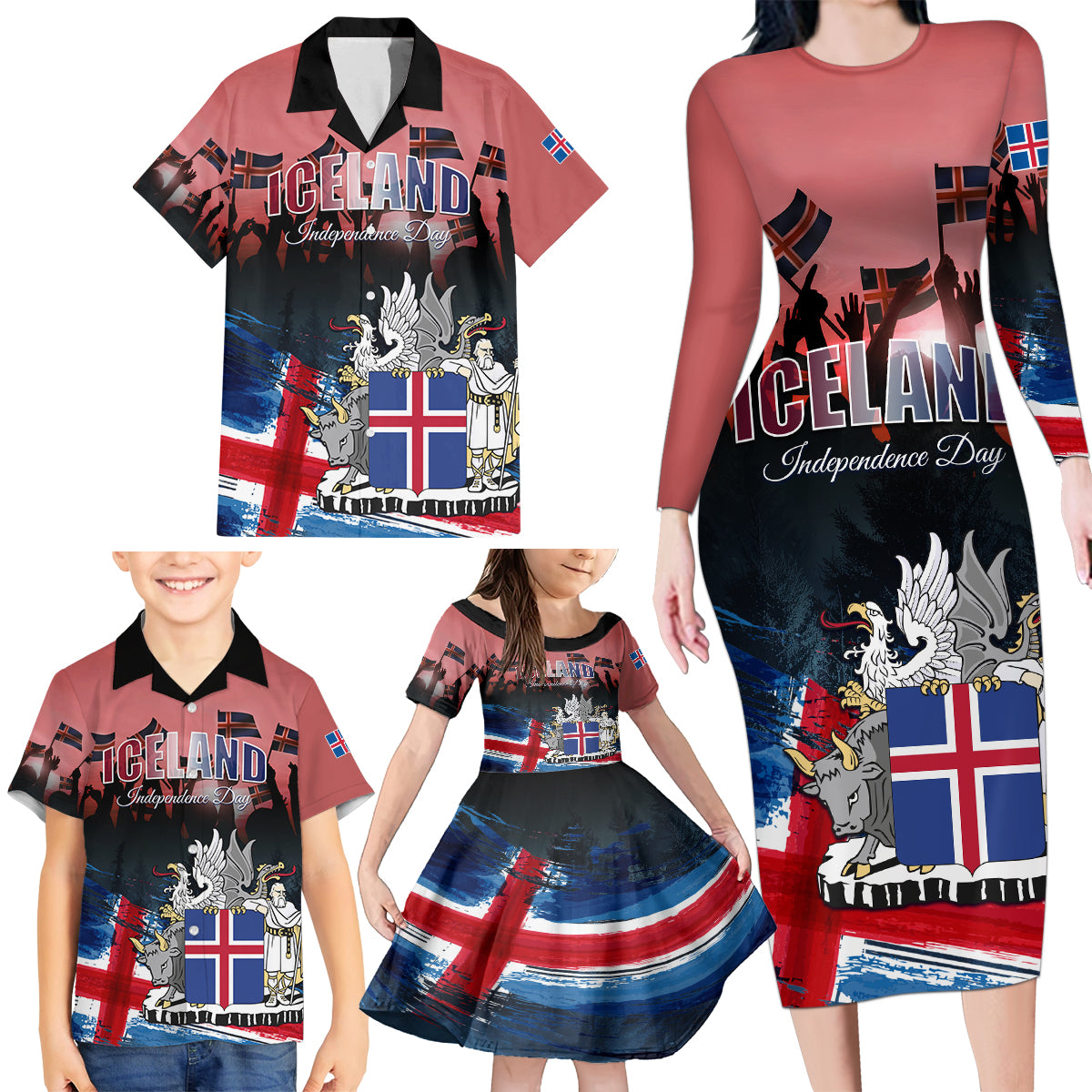 Iceland Independence Day 2024 Family Matching Long Sleeve Bodycon Dress and Hawaiian Shirt Coat Of Arms Happy 80th Anniversary