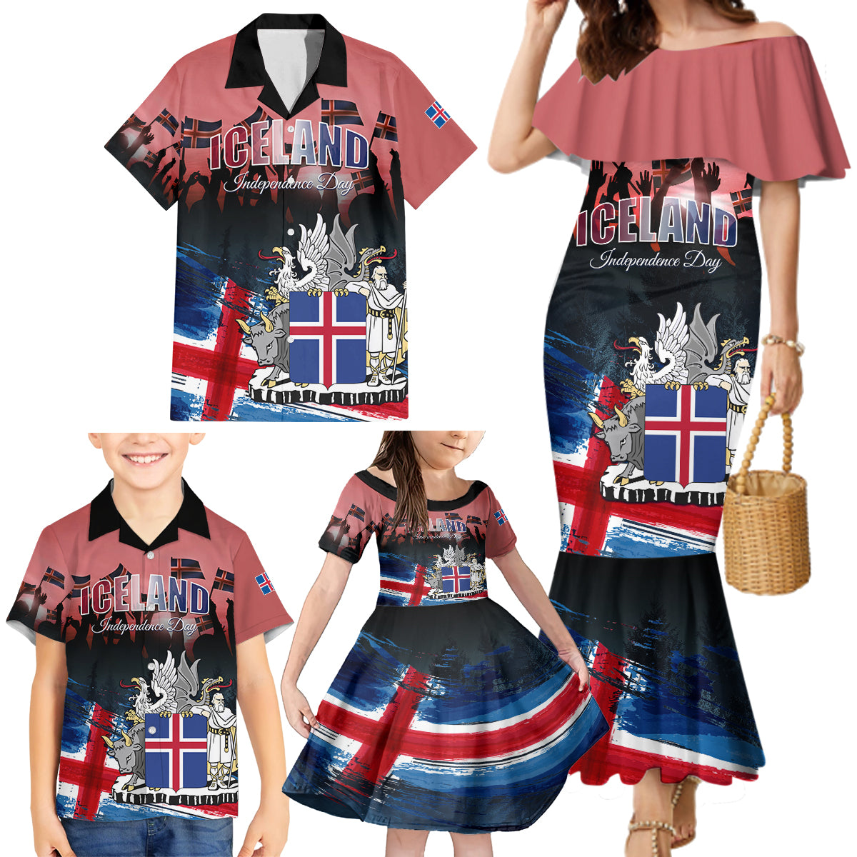 Iceland Independence Day 2024 Family Matching Mermaid Dress and Hawaiian Shirt Coat Of Arms Happy 80th Anniversary