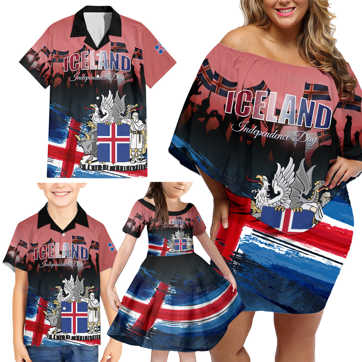 Iceland Independence Day 2024 Family Matching Off Shoulder Short Dress and Hawaiian Shirt Coat Of Arms Happy 80th Anniversary