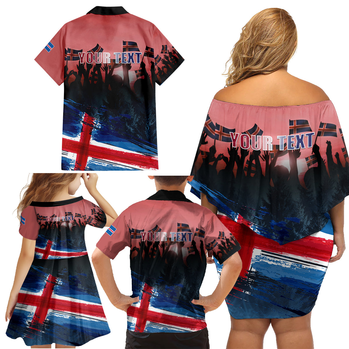 Iceland Independence Day 2024 Family Matching Off Shoulder Short Dress and Hawaiian Shirt Coat Of Arms Happy 80th Anniversary - Wonder Print Shop