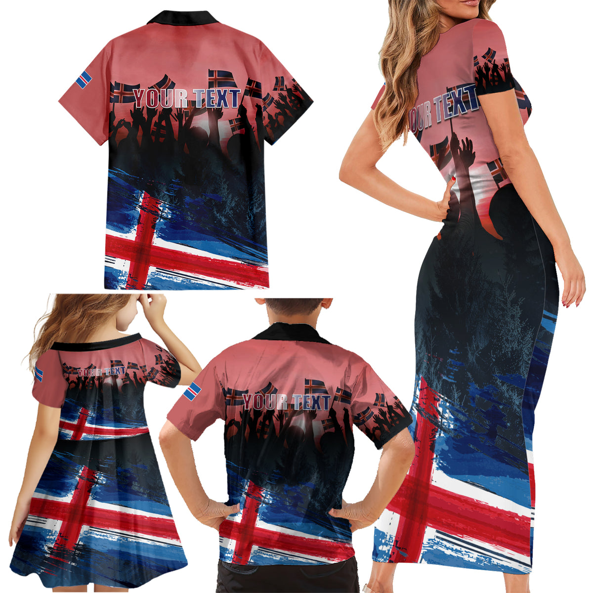 Iceland Independence Day 2024 Family Matching Short Sleeve Bodycon Dress and Hawaiian Shirt Coat Of Arms Happy 80th Anniversary - Wonder Print Shop