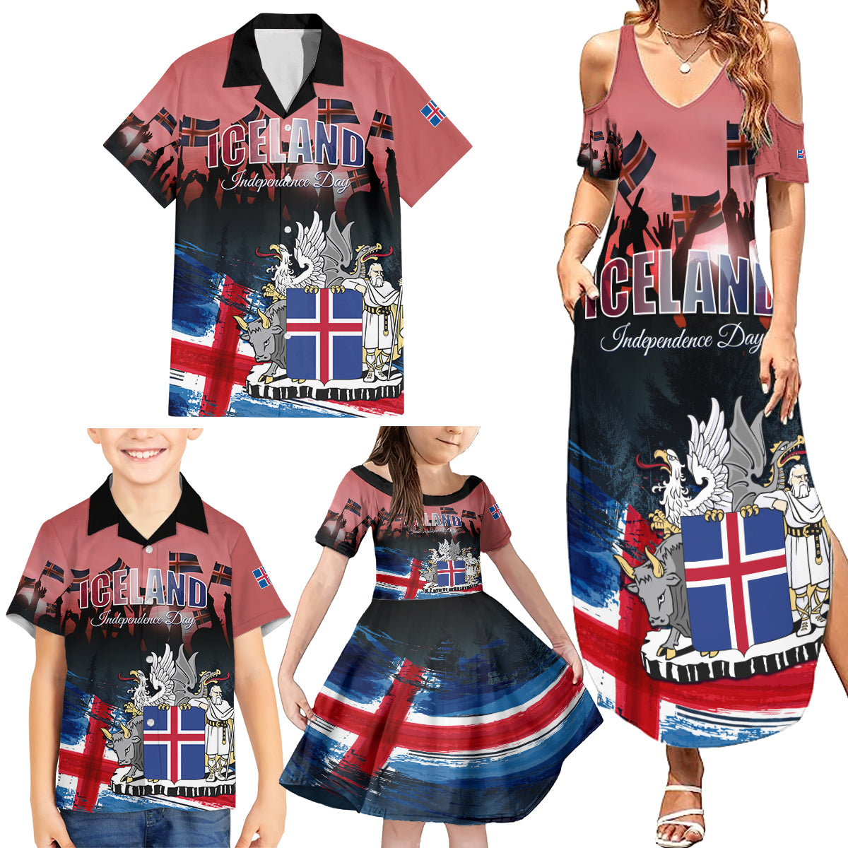 Iceland Independence Day 2024 Family Matching Summer Maxi Dress and Hawaiian Shirt Coat Of Arms Happy 80th Anniversary