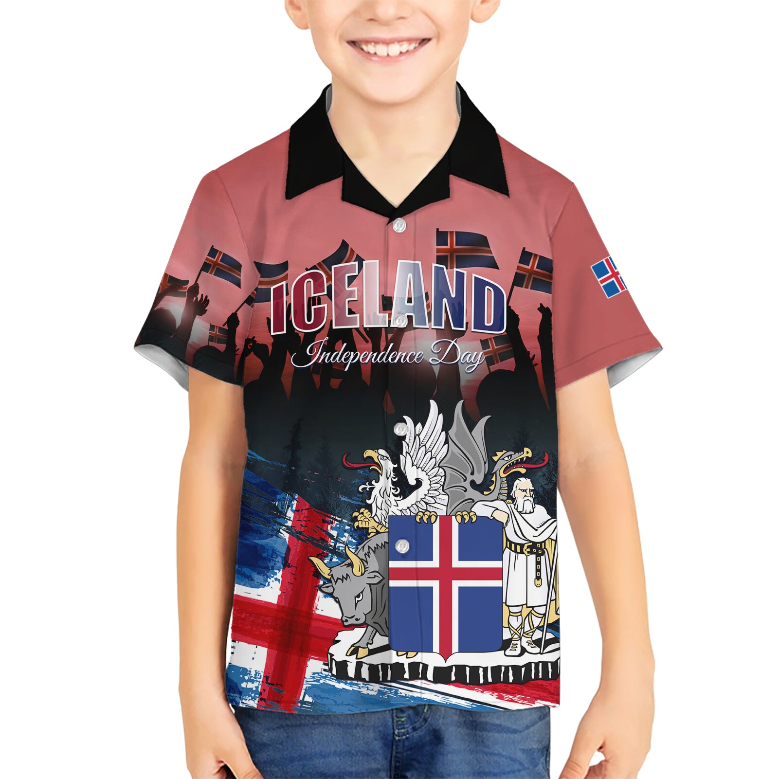Iceland Independence Day 2024 Kid Hawaiian Shirt Coat Of Arms Happy 80th Anniversary