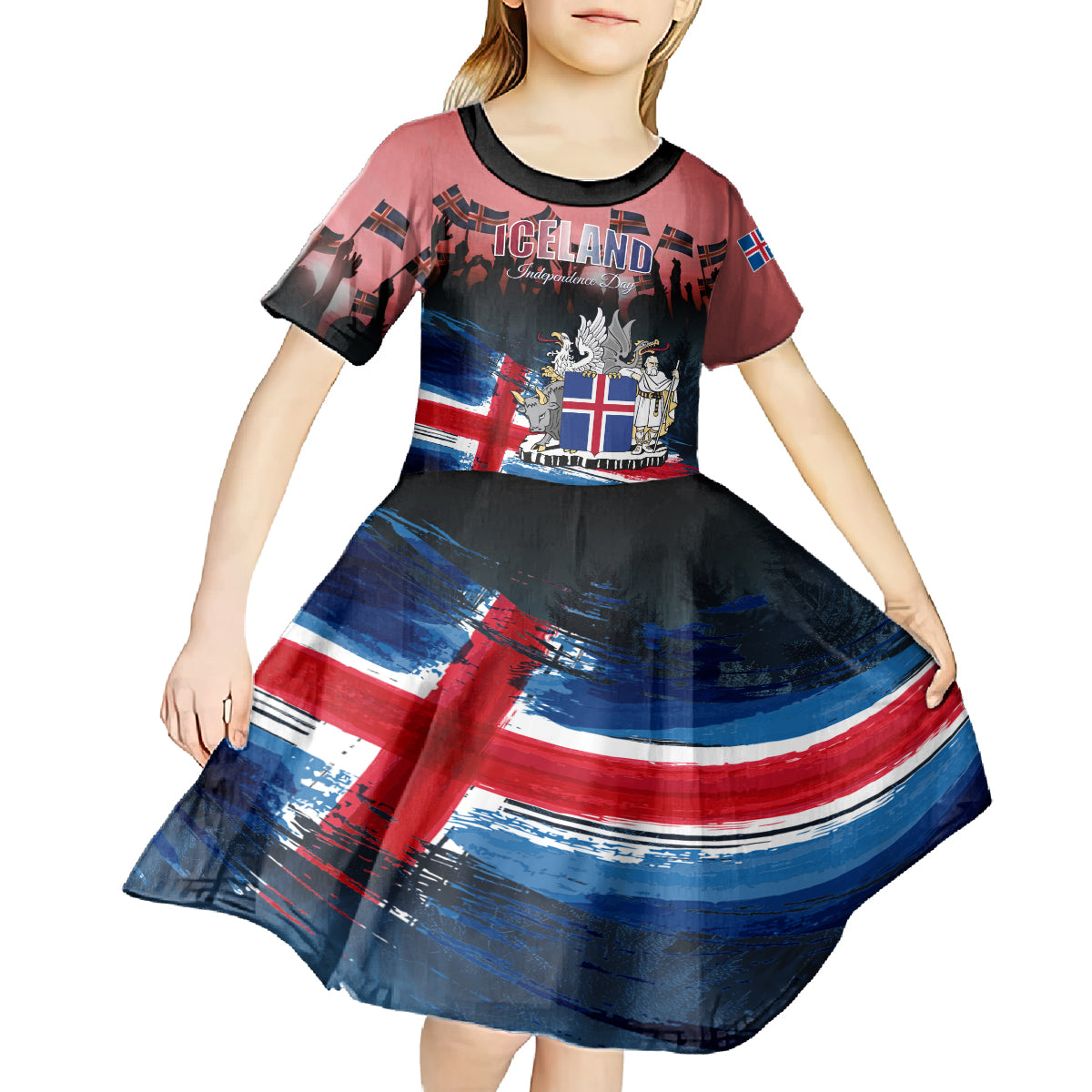 Iceland Independence Day 2024 Kid Short Sleeve Dress Coat Of Arms Happy 80th Anniversary - Wonder Print Shop