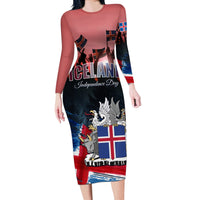 Iceland Independence Day 2024 Long Sleeve Bodycon Dress Coat Of Arms Happy 80th Anniversary - Wonder Print Shop