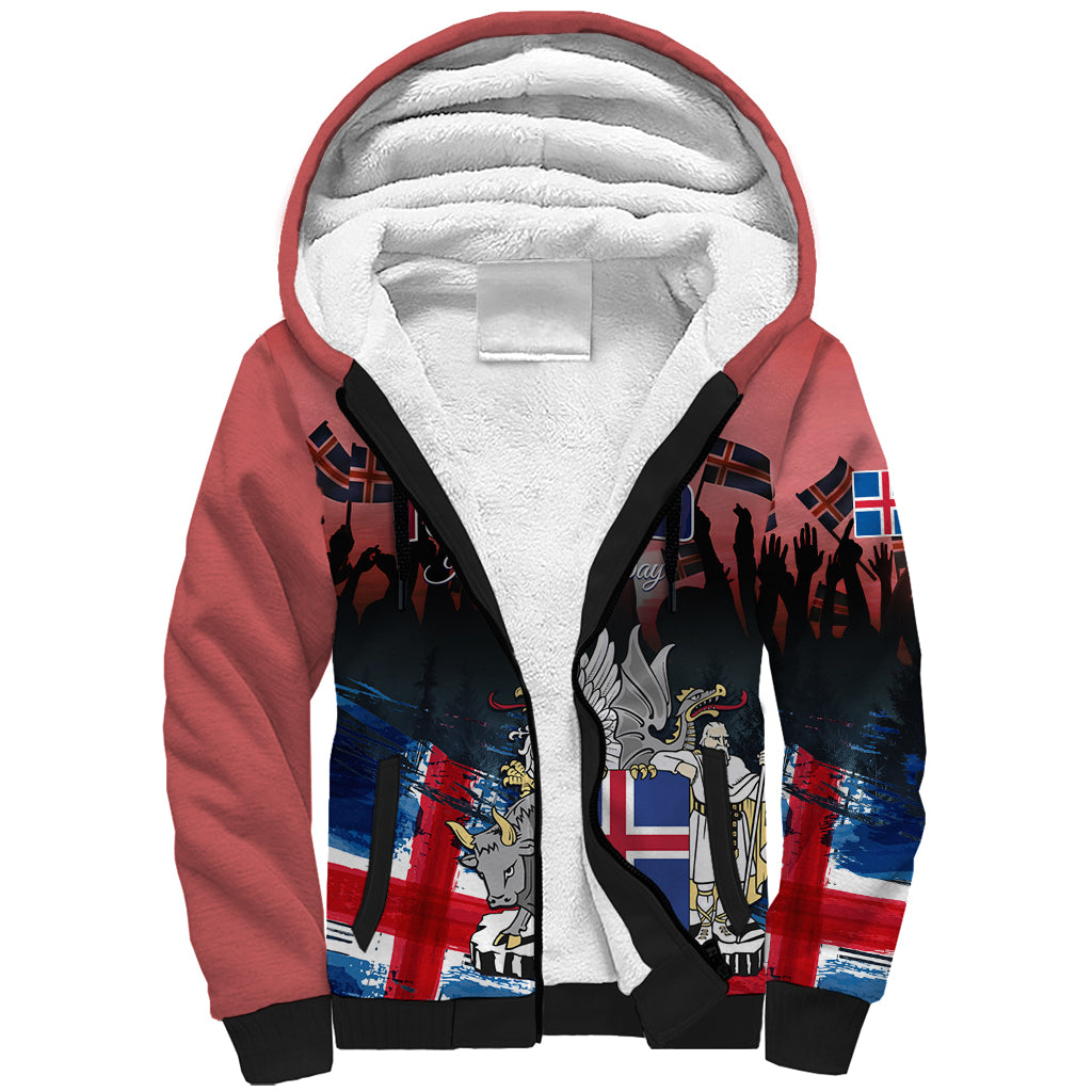 Iceland Independence Day 2024 Sherpa Hoodie Coat Of Arms Happy 80th Anniversary - Wonder Print Shop
