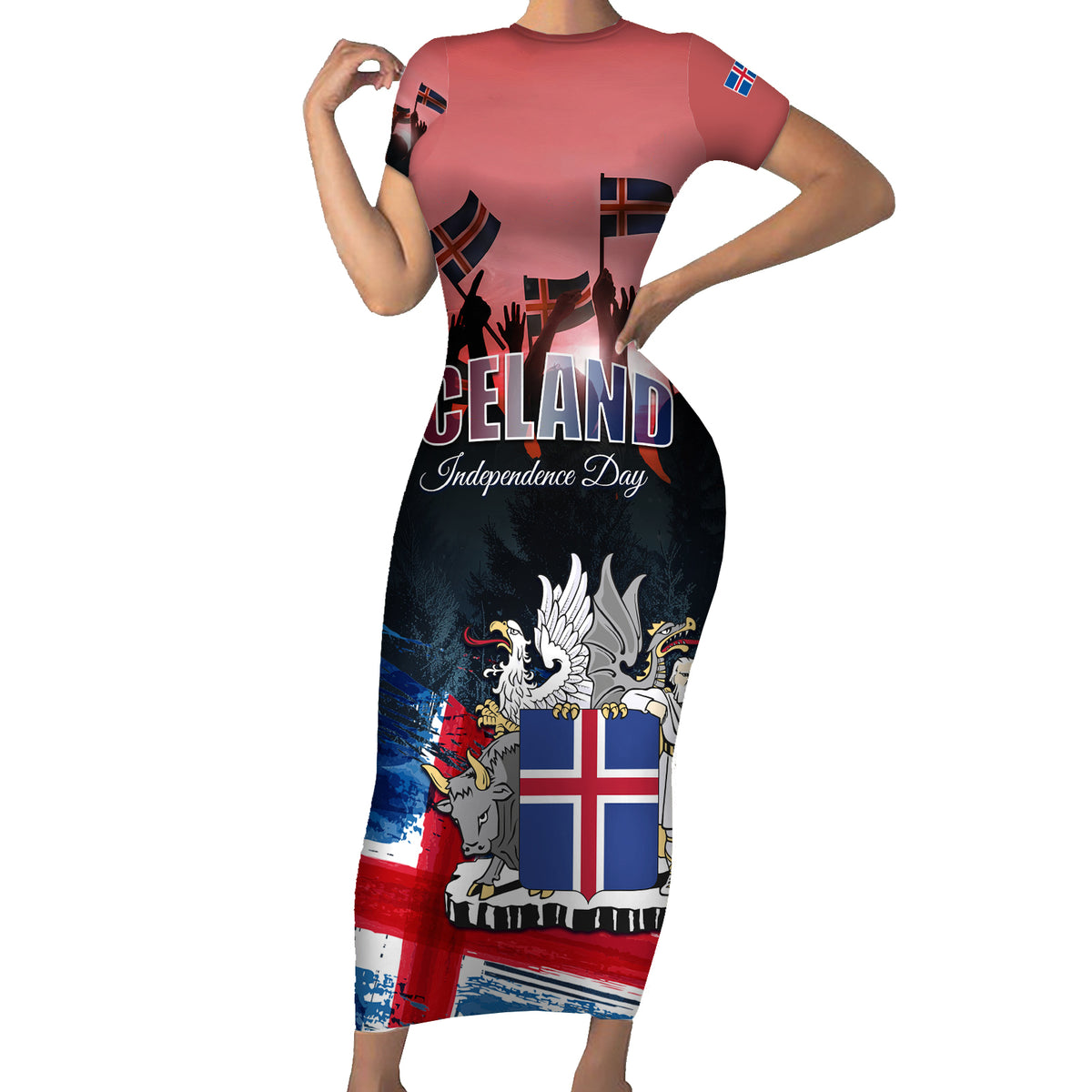Iceland Independence Day 2024 Short Sleeve Bodycon Dress Coat Of Arms Happy 80th Anniversary - Wonder Print Shop