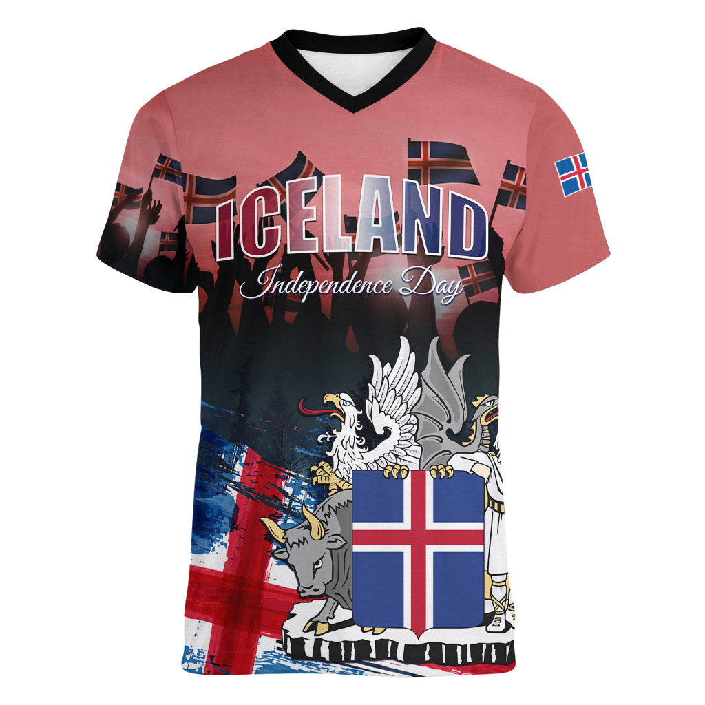 Iceland Independence Day 2024 Women V-Neck T-Shirt Coat Of Arms Happy 80th Anniversary - Wonder Print Shop