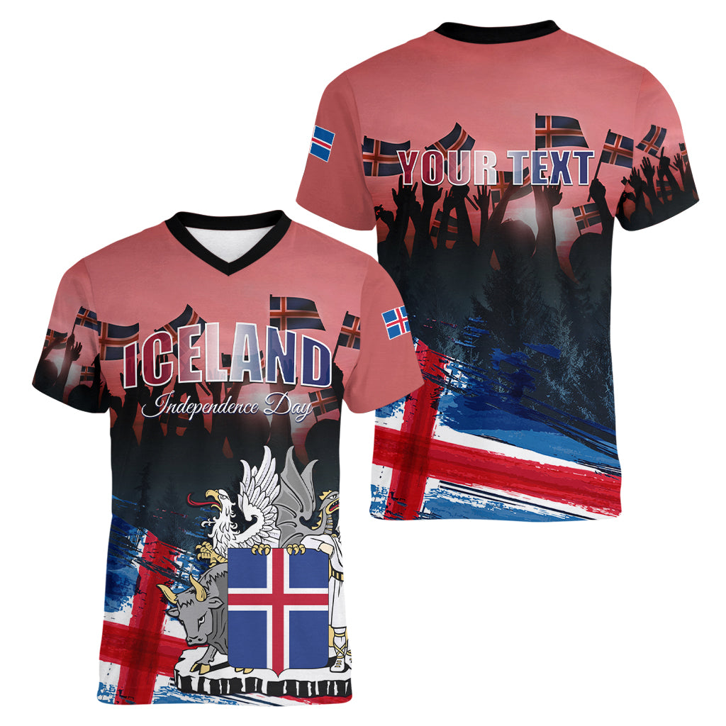 Iceland Independence Day 2024 Women V-Neck T-Shirt Coat Of Arms Happy 80th Anniversary - Wonder Print Shop