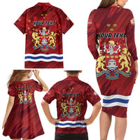 Personalised Kingston Family Matching Long Sleeve Bodycon Dress and Hawaiian Shirt Antiquitate Civilitate Humanitate