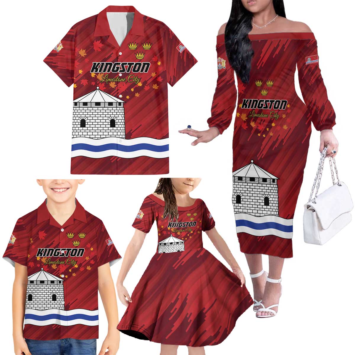Personalised Kingston Family Matching Off The Shoulder Long Sleeve Dress and Hawaiian Shirt Antiquitate Civilitate Humanitate