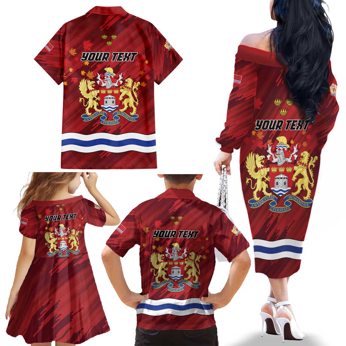 Personalised Kingston Family Matching Off The Shoulder Long Sleeve Dress and Hawaiian Shirt Antiquitate Civilitate Humanitate